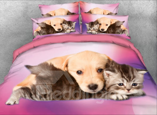 Welpe und Katze „Gute Freunde“, bedrucktes 4-teiliges 3D-Bettwäsche-Set/Bettbezug-Set, Rot 