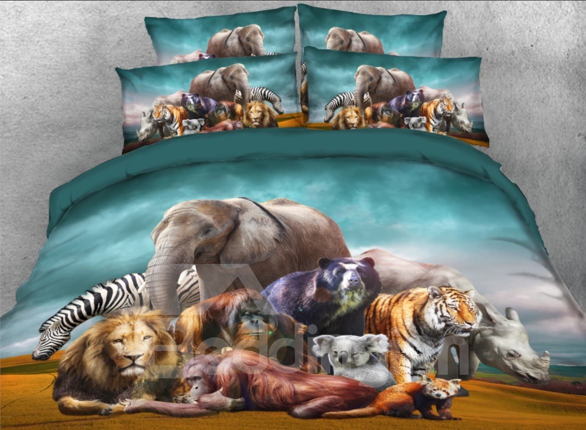 Juego de cama/funda nórdica de 4 piezas con estampado de animales de safari africanos naturales 