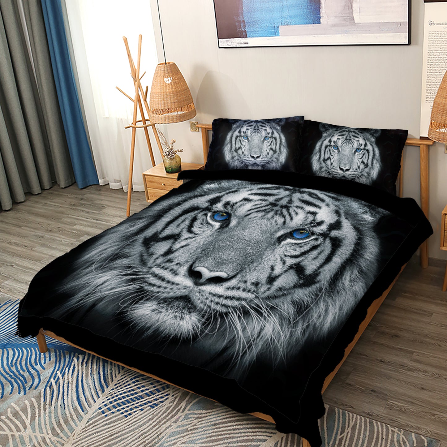 Juego de cama con estampado animal 3D de 4 piezas de tigre clásico con ojos azules, fundas de edredón duraderas con cremallera que no se decoloran, color negro 