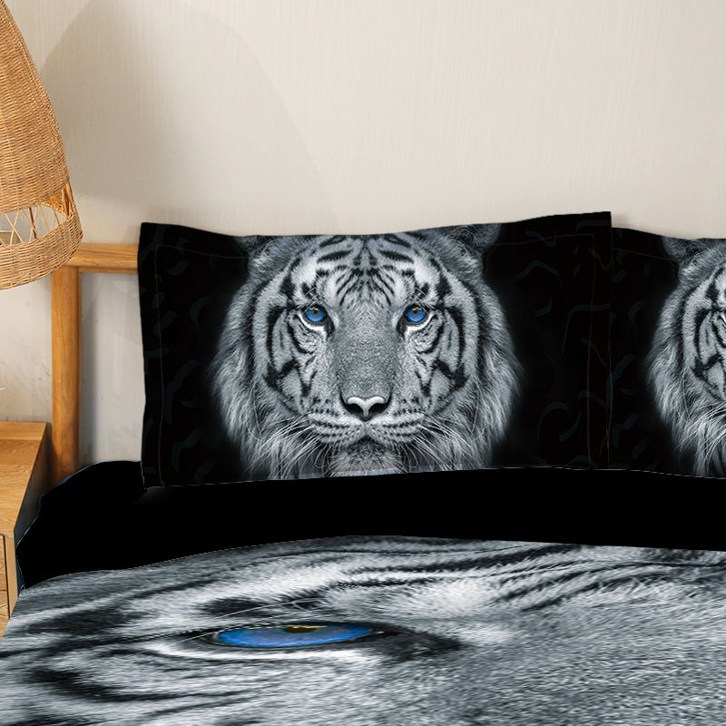 Blue Eyed Tiger Face Printed 4-Piece Duvet Cover Set, Animal Tiger Themed Bedding Set