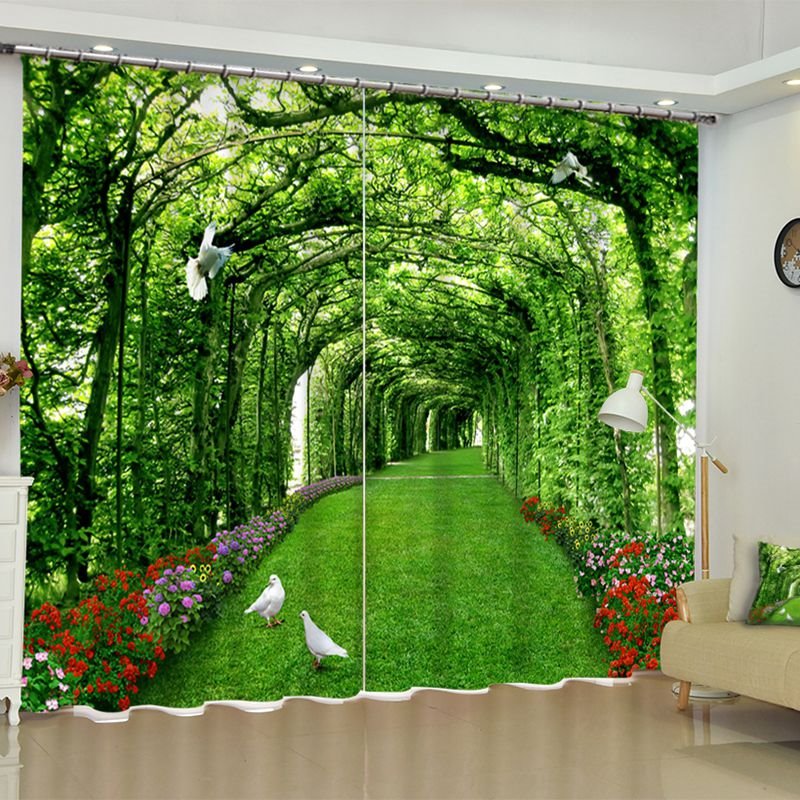 Corredor de árboles verdes vigorosos en 3D y palomas blancas impresas 2 paneles para ventana
