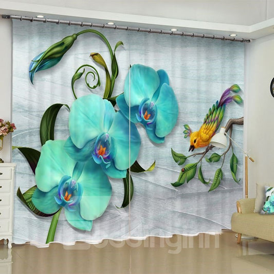3D Wonderful Phalaenopsis and Lovely Bird Printed Custom Polyester Grommet Top Curtain