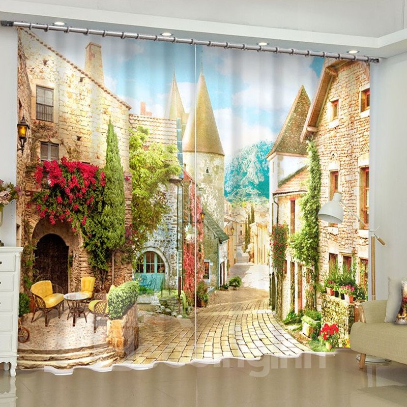 3D European Style Buildings Printed Polyester Custom Living Room Curtain