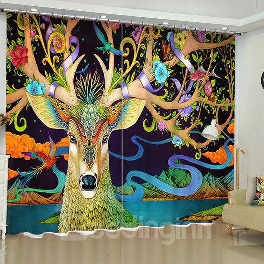 3D Rich Deer Printed 2 Panels Blackout Grommet Top Living Room Curtain