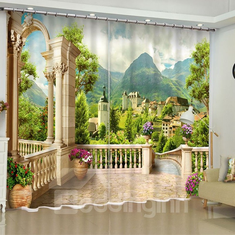 Cortinas de salón personalizadas de poliéster con estampado de montañas verdes y castillos retro en 3D