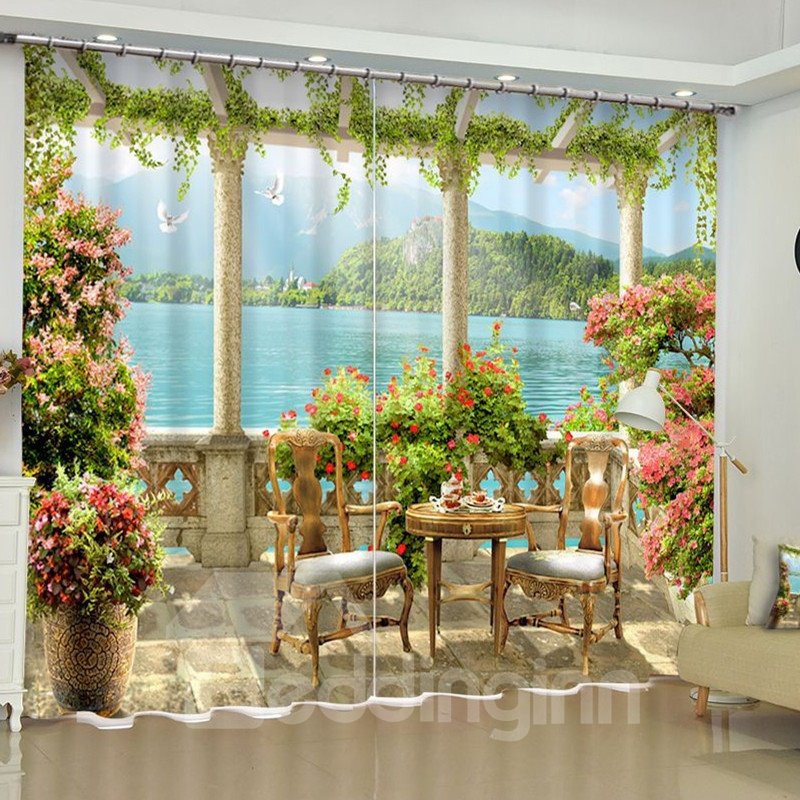 Peaceful Lake and Delicate Flowers Pavilion Printed 2 Panels Blackout Living Room Curtain