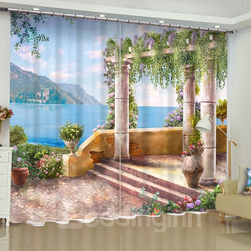 Peaceful Lake and Delicate Flowers Pavilion Printed 2 Panels Blackout Grommet Top Curtain