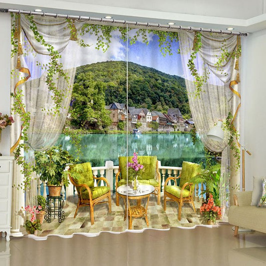 3D Green Mountains and Water with Leisure Chairs Printed Custom Living Room Curtain