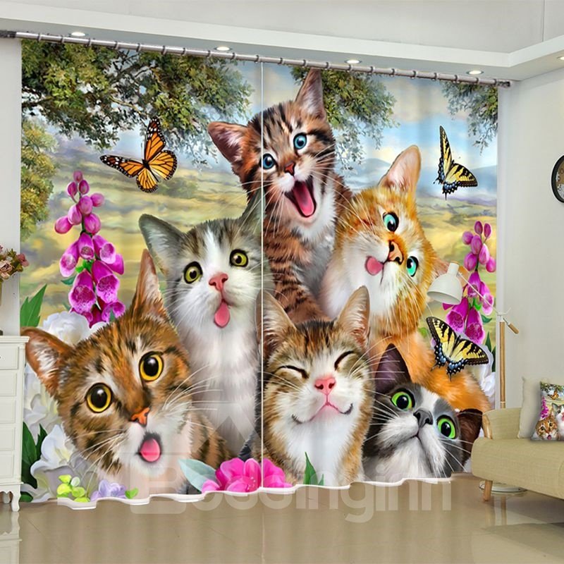 3D Vivid and Lovely Simle Cats Printed 2 Panels Grommet Top Curtain for Living Room