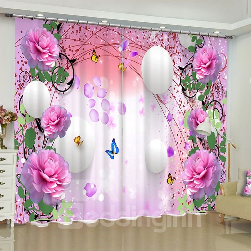 Romantic Pink Flowers and Butterflies Printed 2 Panels Custom Curtain for Living Room
