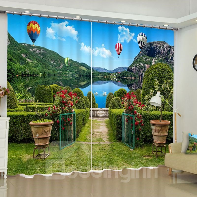 3D Green Mountains and Water with Garden Printed Beautiful Natural Scenery Custom Curtain
