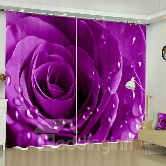 Fresh Purple Rose with Water Drops Printed 2 Panels Living Room Window Drapes