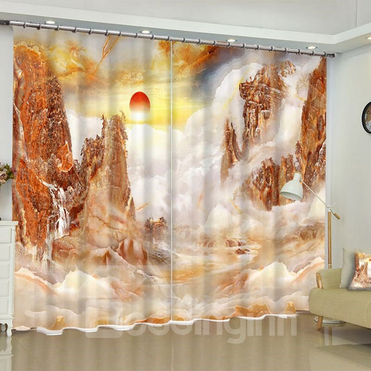 3D Rolling Rivers and Red Sunlight Printed 2 Panels Custom Living Room Window Drapes