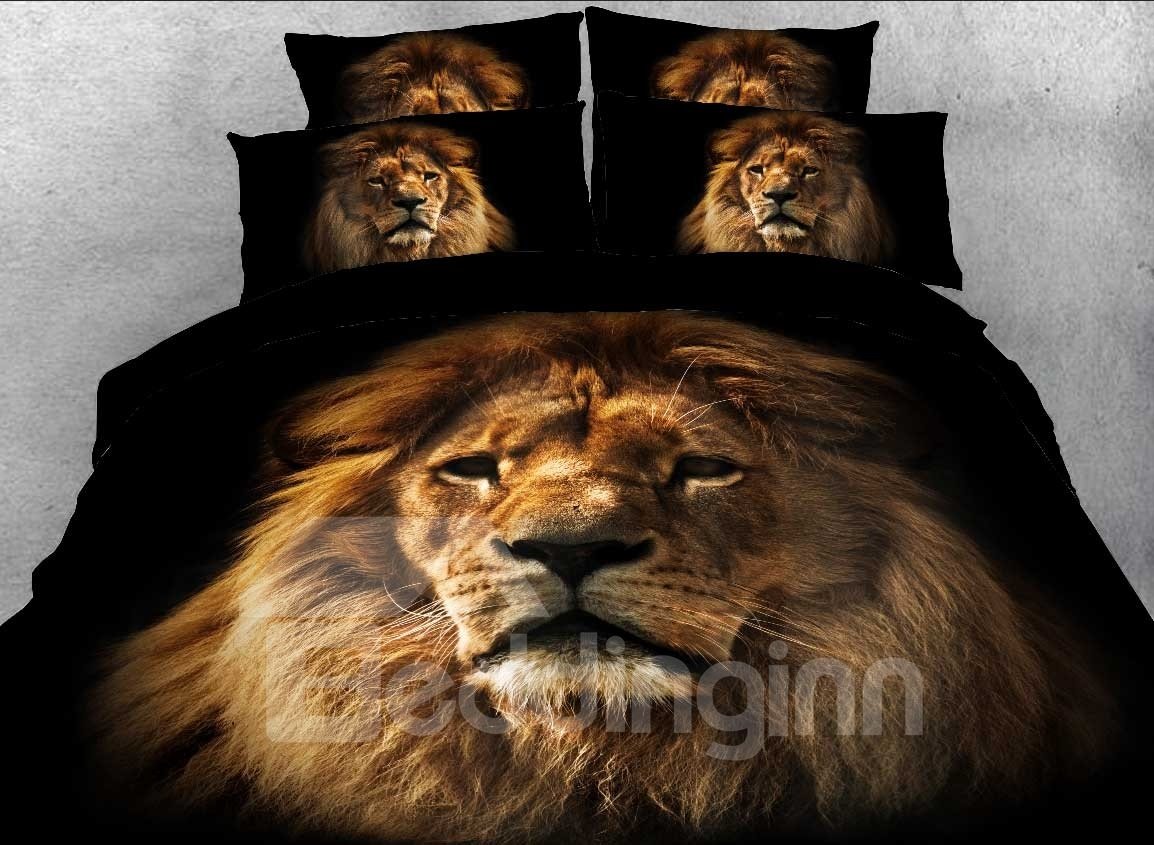 Juego de cama con estampado animal de cara de león 3D, juego de edredón de 5 piezas, microfibra suave y ligera, color negro 