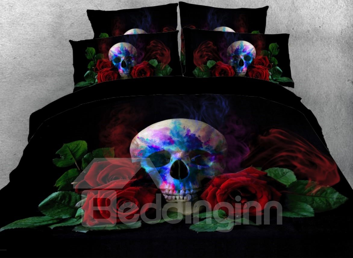 3D-Halloween-Bettwäsche-Schädel mit roten Rosen, bedrucktes 4-teiliges Bettbezug-Set, Mikrofaser, Schwarz 