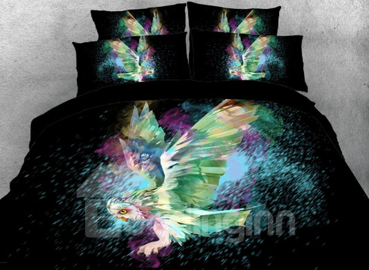 Flying Owl Printed 4-Piece Black 3D Bedding Sets/Duvet Covers