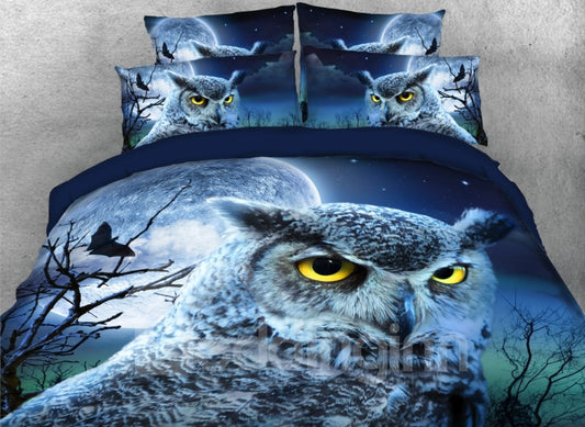 Owl Face with Full Moon Printed 4-Piece 3D Bedding Set/Duvet Cover Set Blue Full Queen King Size
