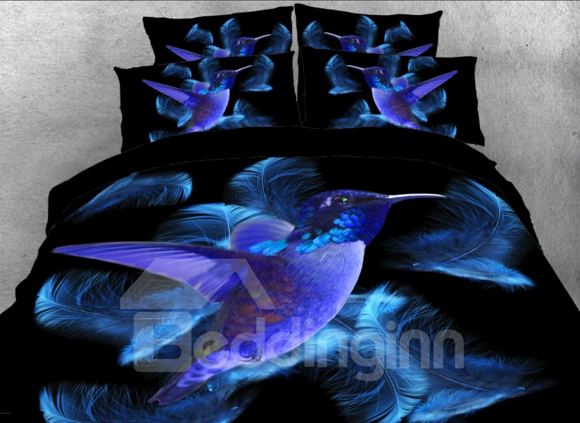 Blauer Kolibri und Federn bedruckte 3D-4-teilige Bettwäsche-Sets/Bettbezüge 