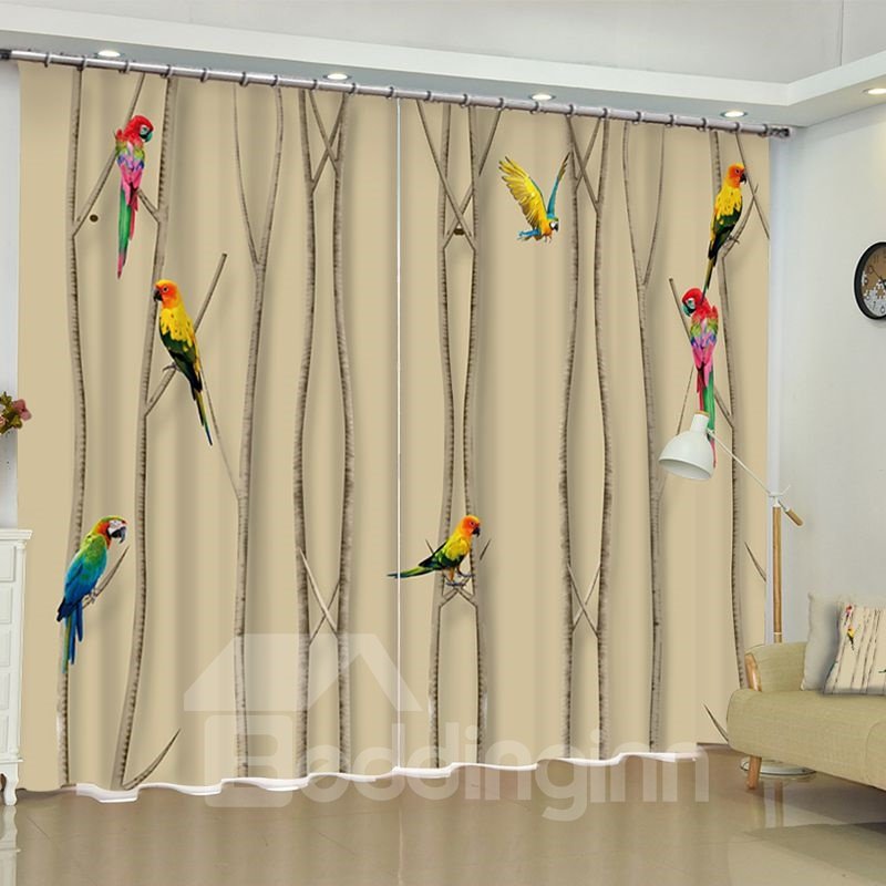Lovely Birds on the Branches Printed Oil Painting 2 Panels Living Room Curtain