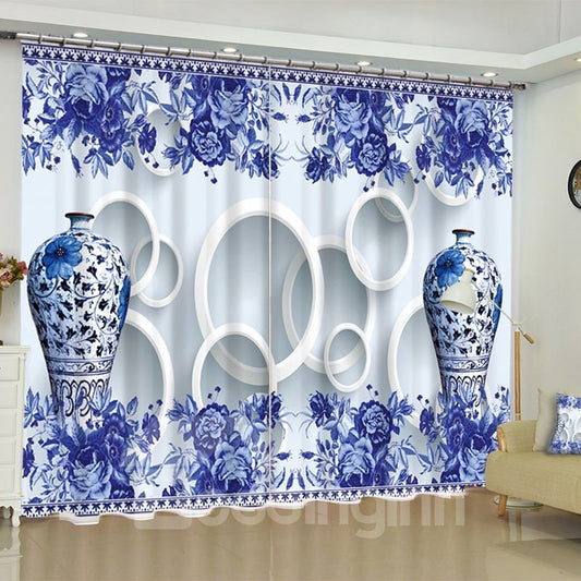 3D Floral Print Curtains Elegant Blue and white Porcelain Printed 2 Panels Custom Bedroom Window Drape