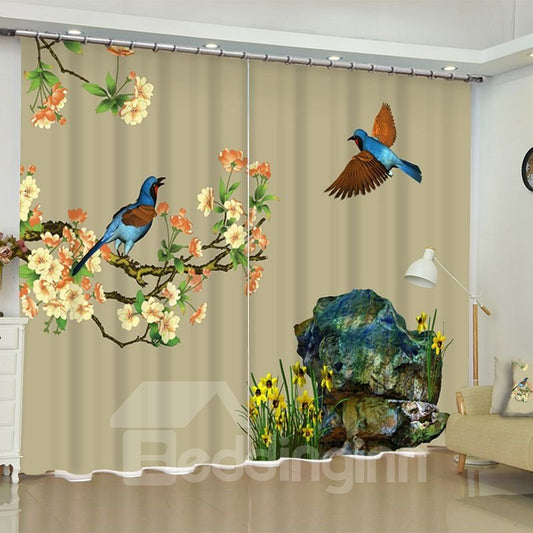 3D pintura al óleo excepcional pájaros en las ramas impreso 2 paneles cortina de sala de estar