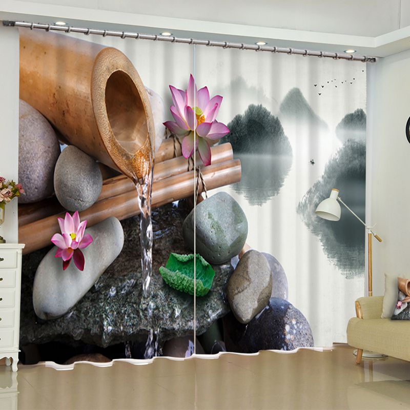 3D Lotus Stones and Bamboo Tube with Following Water Printed 2 Panels Living Room Curtain