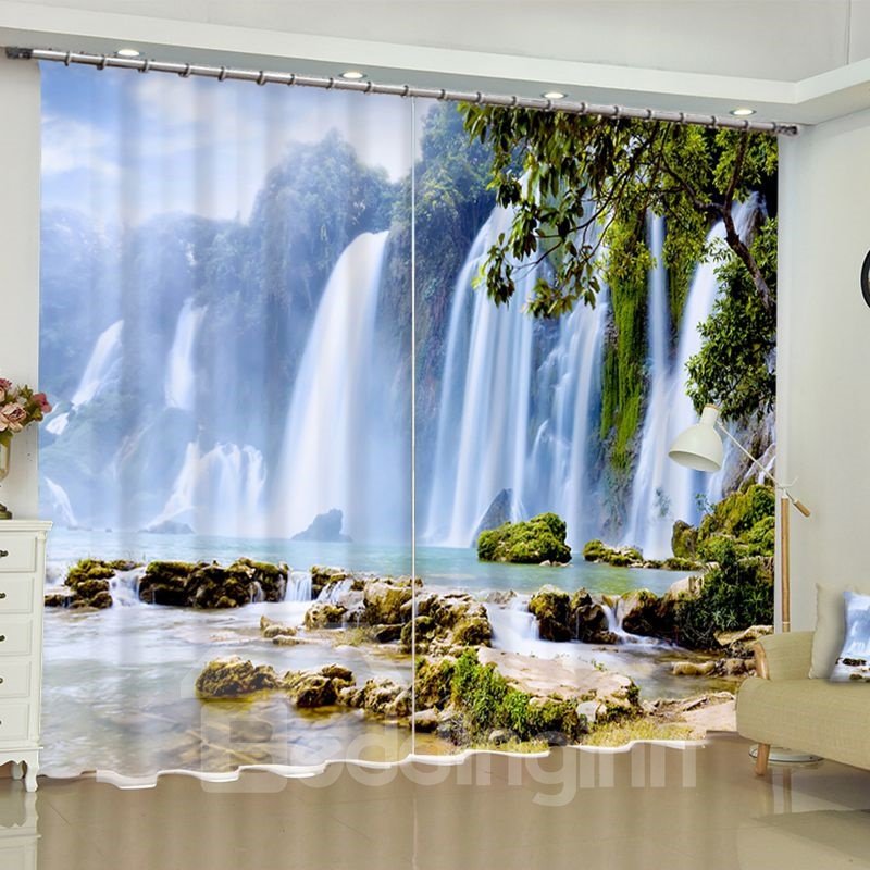 Cortina de sala de estar con paisaje natural estampado de cascadas onduladas y sumergidas