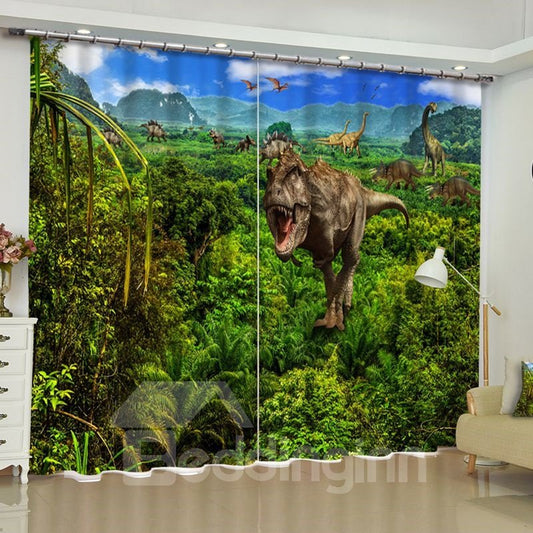 3D Roaring Dinosaurs on the Lush Virgin Forest Printed Custom Living Room Curtain