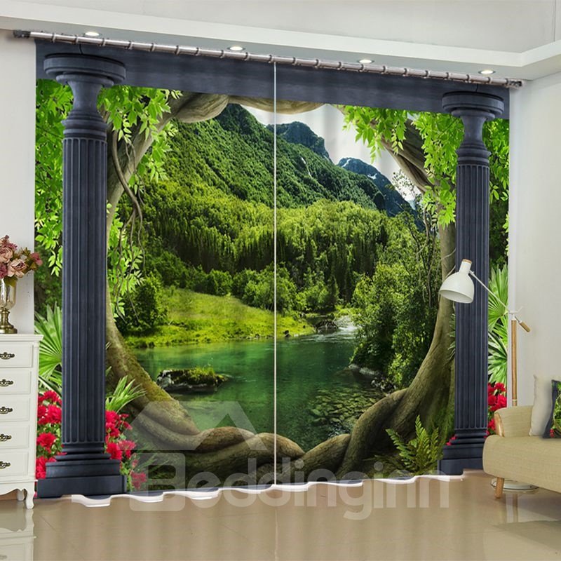 Cortinas para ventana de salón con estampado de montañas y aguas exuberantes en 3D, 2 paneles