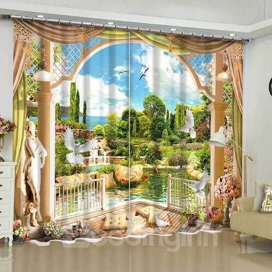 Flying Doves and Green Mountains and Water Printed 2 Panels Living Room Curtain