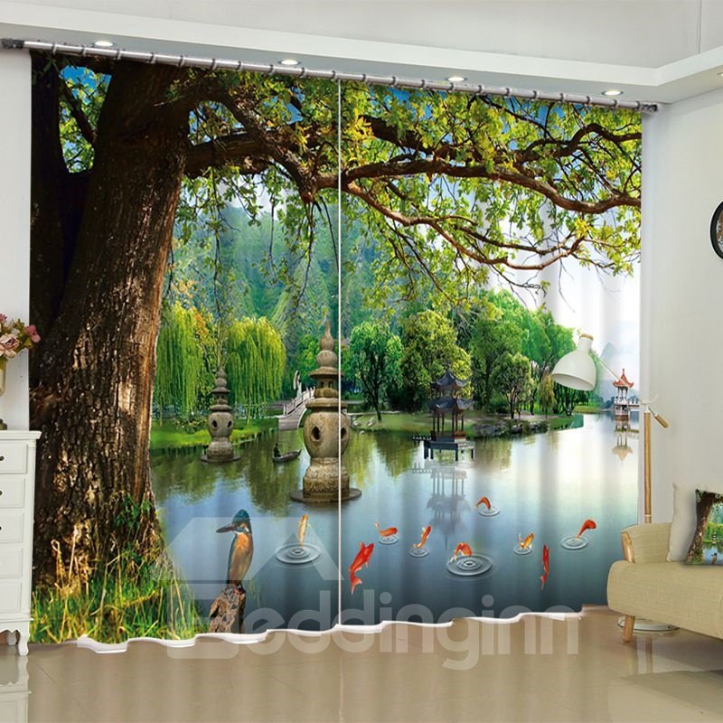 Cortina de sala de estar con estampado de lago pacífico y peces dorados en 3D, 2 paneles, con árboles viejos