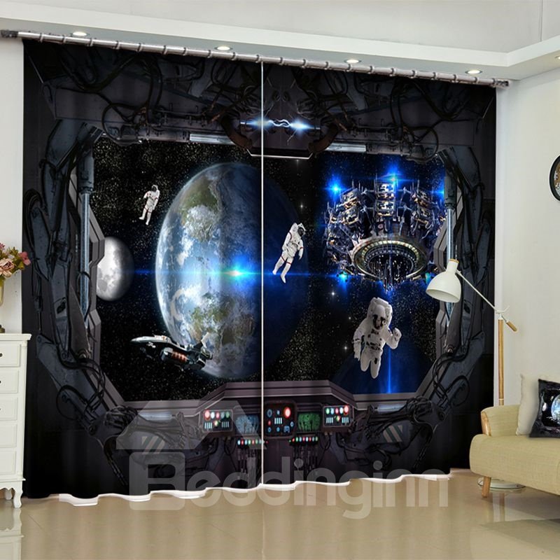 Cortina de sala de estar personalizada con 2 paneles impresos con paisaje de exploración espacial en 3D