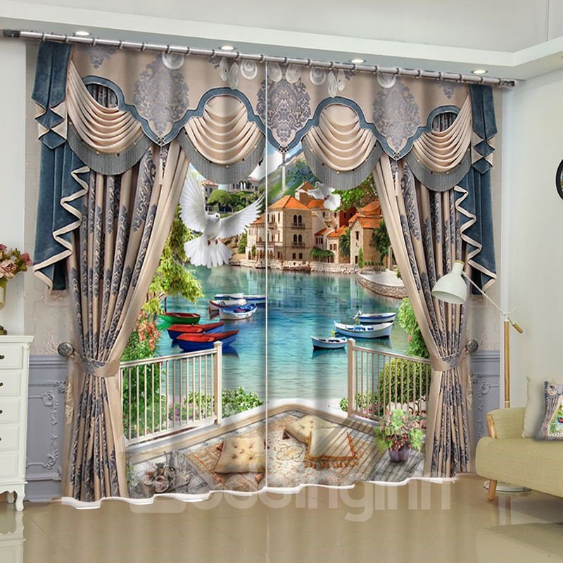 3D-Simulation Retro-Vorhang und weiße Tauben mit Booten und Fluss, bedruckter individueller Vorhang
