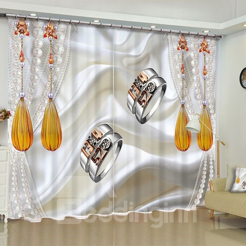 3D-Vorhang mit zarten zwei Diamantringen, bedruckt, individueller Polyester-Vorhang mit 2 Bahnen für Wohnzimmer
