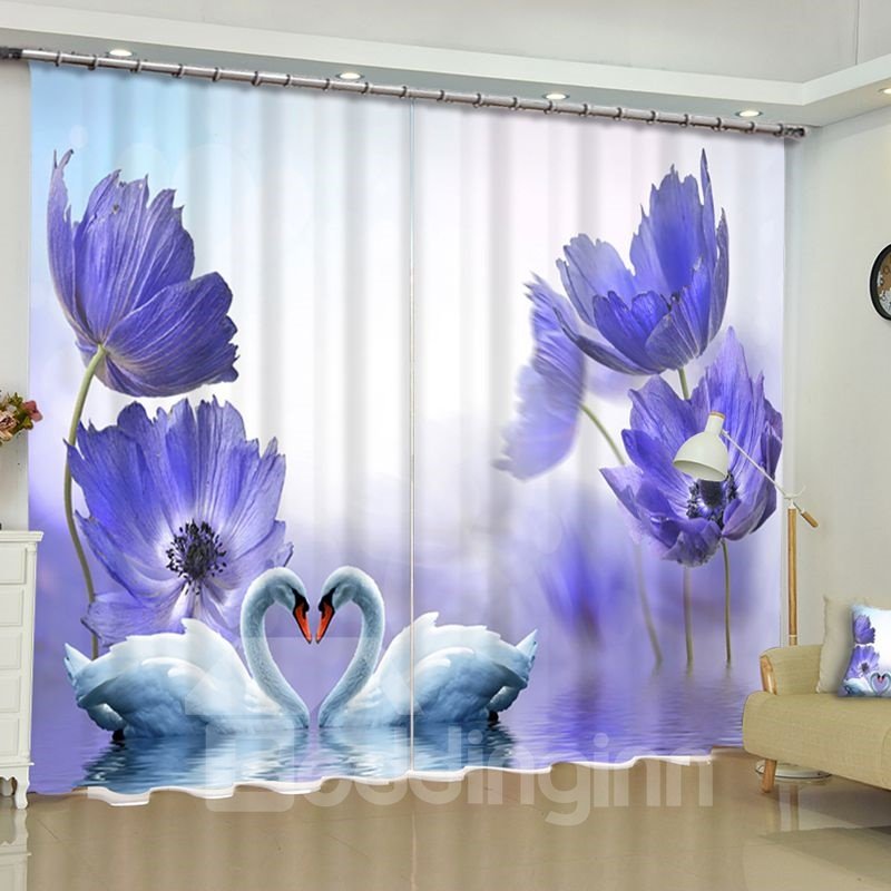 Cortina de sala de estar personalizada con 2 paneles impresos con peonías moradas y gansos blancos