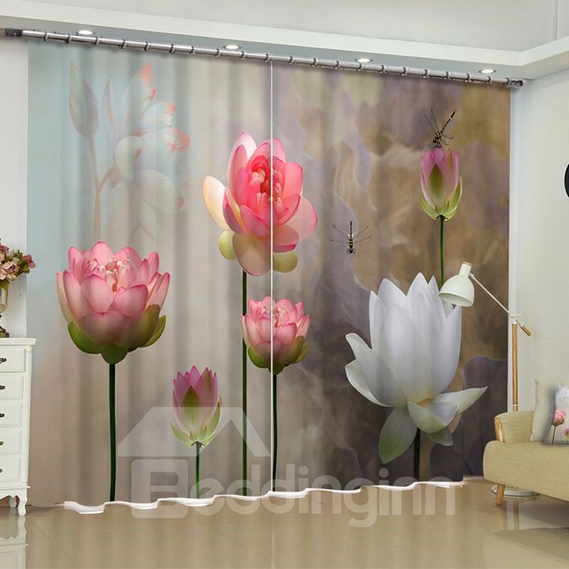 Cortina de ventana personalizada para sala de estar de poliéster con estampado de loto fresco y vivo en 3D