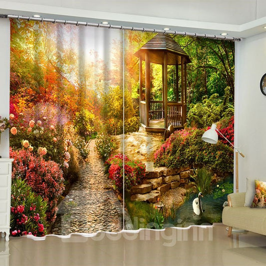 3D-Vorhang mit romantischem Garten und sanftem Sonnenlicht, bedruckt mit natürlicher Landschaft, individueller Wohnzimmervorhang