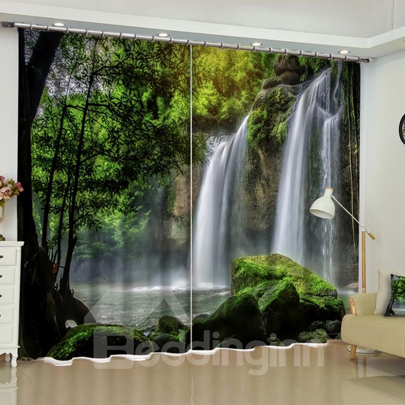 3D Rolling Waterfalls and Luxuriant Forest Printed 2 Panels Living Room Blackout Curtain
