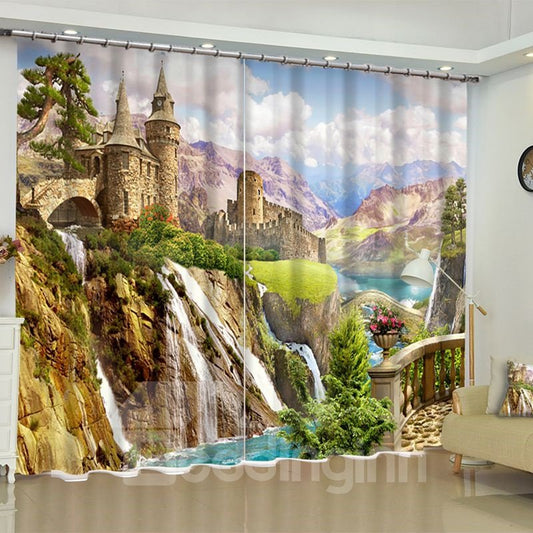 3D Grand Ancient Buildings on the Cliff Printed Magnificent Scenery 2 Panels Blackout Curtain