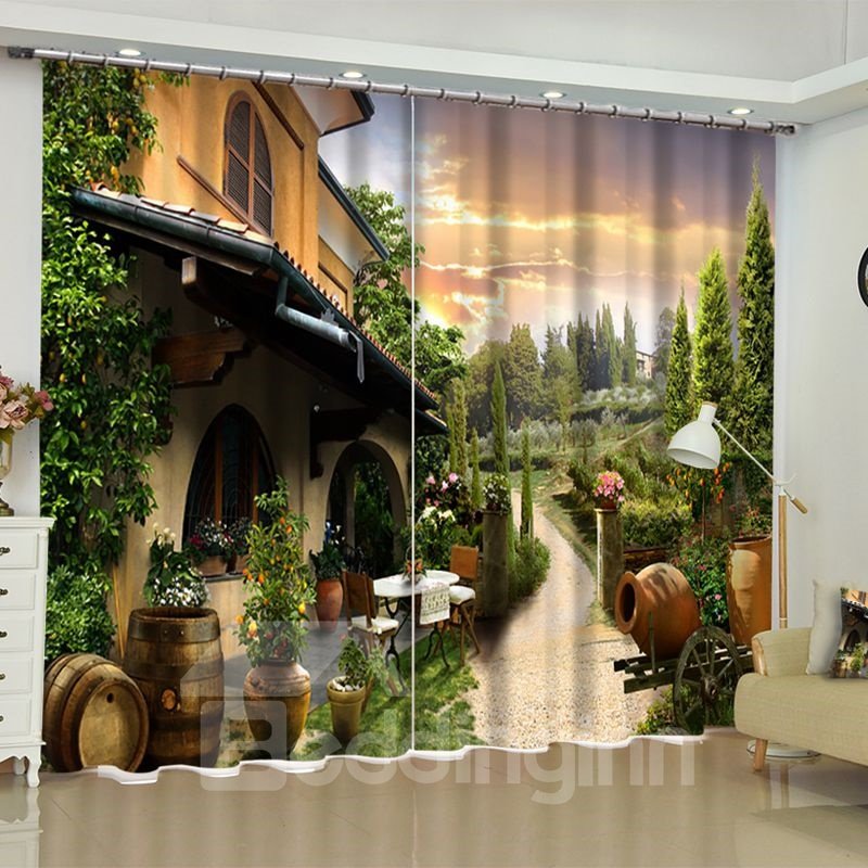 Großes Haus mit grünen Pflanzen, bedruckter 2-teiliger individueller Vorhang für das Wohnzimmer