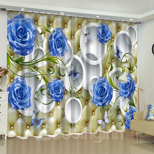 Cortina de salón personalizada con estampado de rosas azules y círculos blancos en 3D, 2 paneles