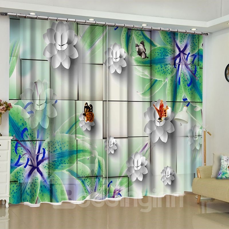 3D-Vorhang mit weißen, sauberen Blumen und bunten Schmetterlingen, bedruckt, 2 Bahnen, individueller Wohnzimmervorhang