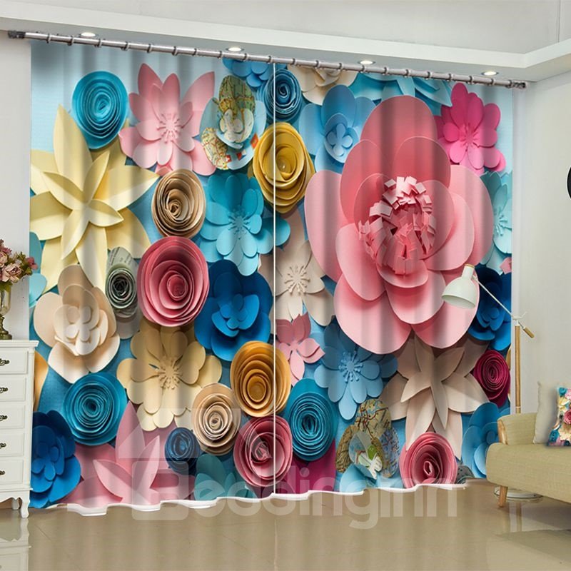 3D Fancy Colorful Paper Flowers Printed 2 Panels Custom Curtain for Living Room