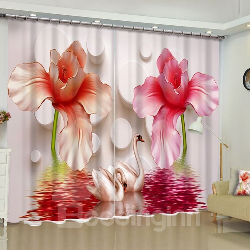 3D Light Red Peonies and White Gooses Printed 2 Panels Decorative Custom Curtain