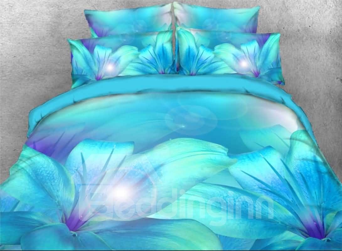3D-Bettwäsche mit blauem Blumenmuster, 5-teiliges Bettdeckenset, türkisfarbene Lilienblume, bedruckt, leichter, warmer Bettbezug mit Reißverschluss und weißer Daunendecke, weich, hautfreundlich 