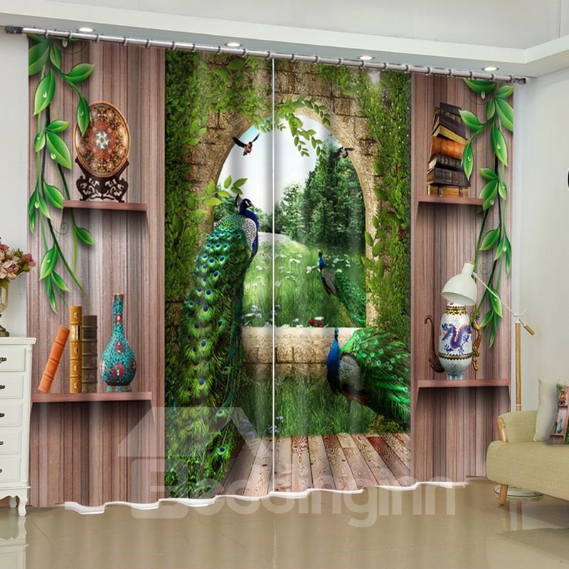 Eleganter, mit Pfauen und Retro-Regalen bedruckter 2-teiliger individueller Vorhang für das Wohnzimmer