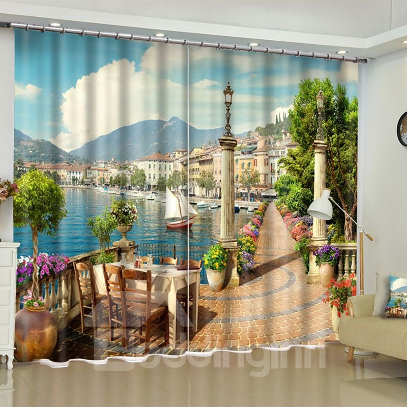 Cortina de sala de estar con 2 paneles de poliéster grueso con estampado de paisaje costero encantador en 3D