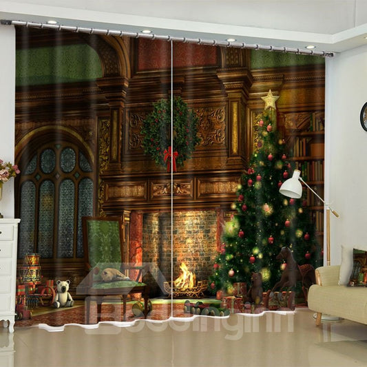 Bedruckter individueller Wohnzimmervorhang mit 3D-Motiv „Großes altes Haus und Weihnachtsbaum“.