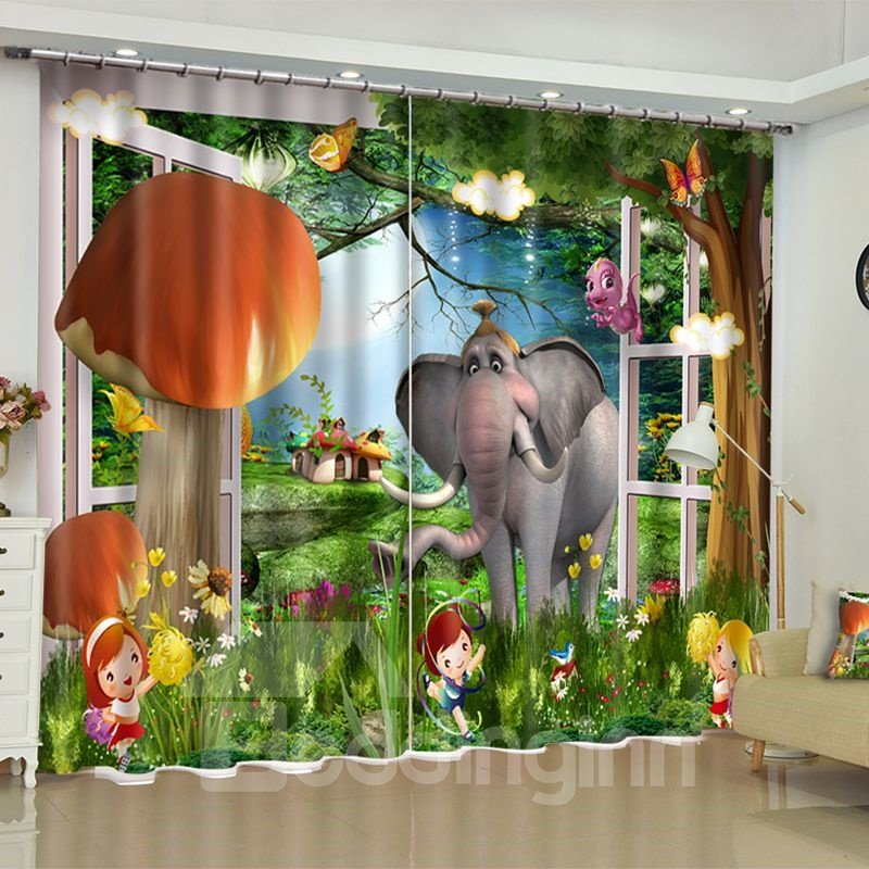 Cortina personalizada con estampado de elefante y niños de dibujos animados felices en 3D para sala de estar