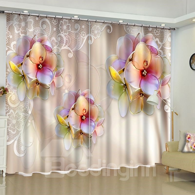 3D Pretty Flowers Printed Pastoral Style 2 Panels Living Room Blackout Curtain